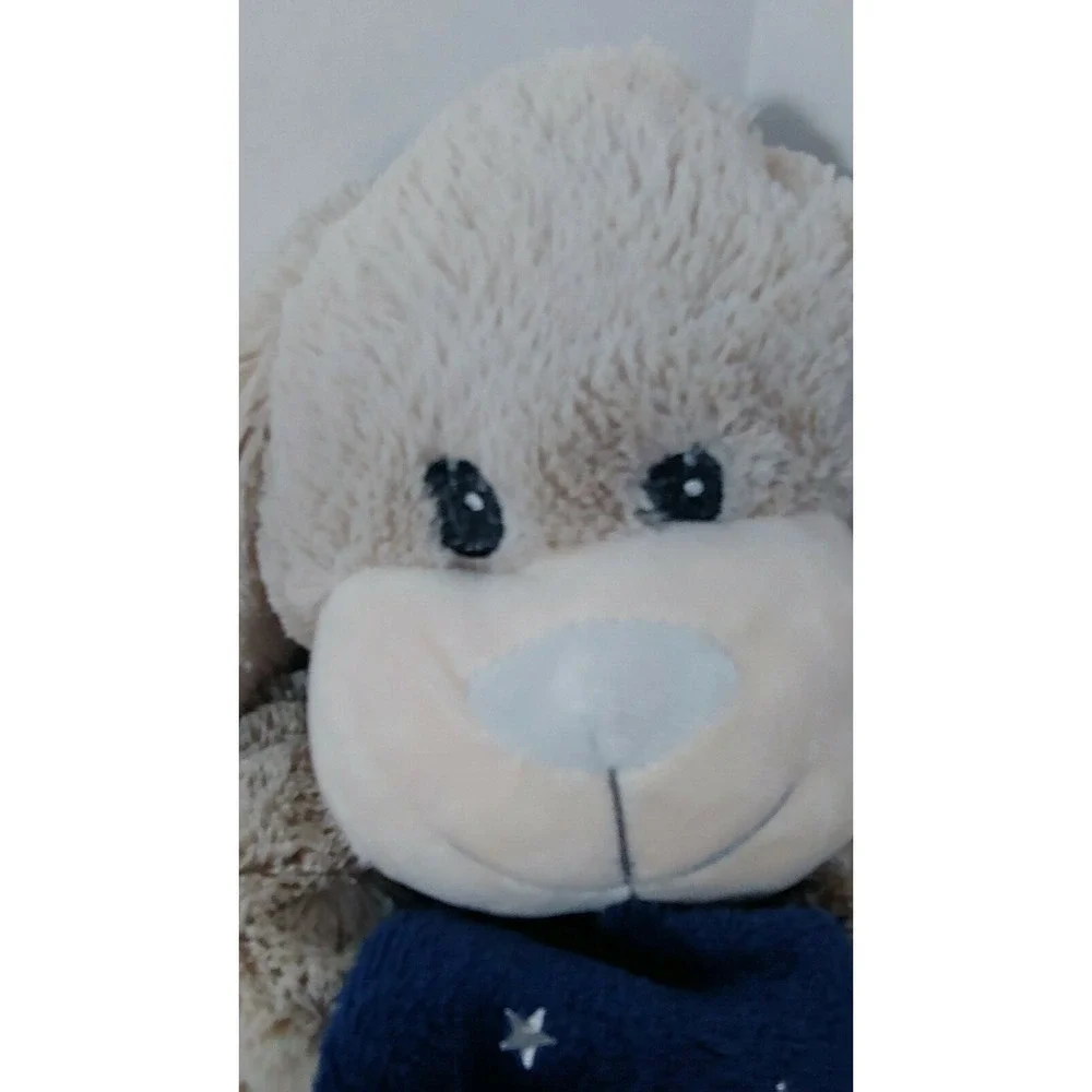 Manhattan Kids plush tan puppy dog holds blue silver stars baby blanket gift set
